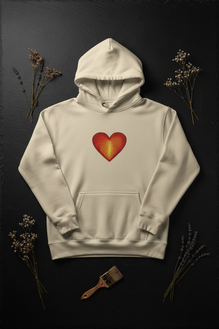 Herzfeuer Hoodie Flat-Lay auf dunklem Hintergrund – handgemaltes Acrylbild-Design von Flawed Acrylic