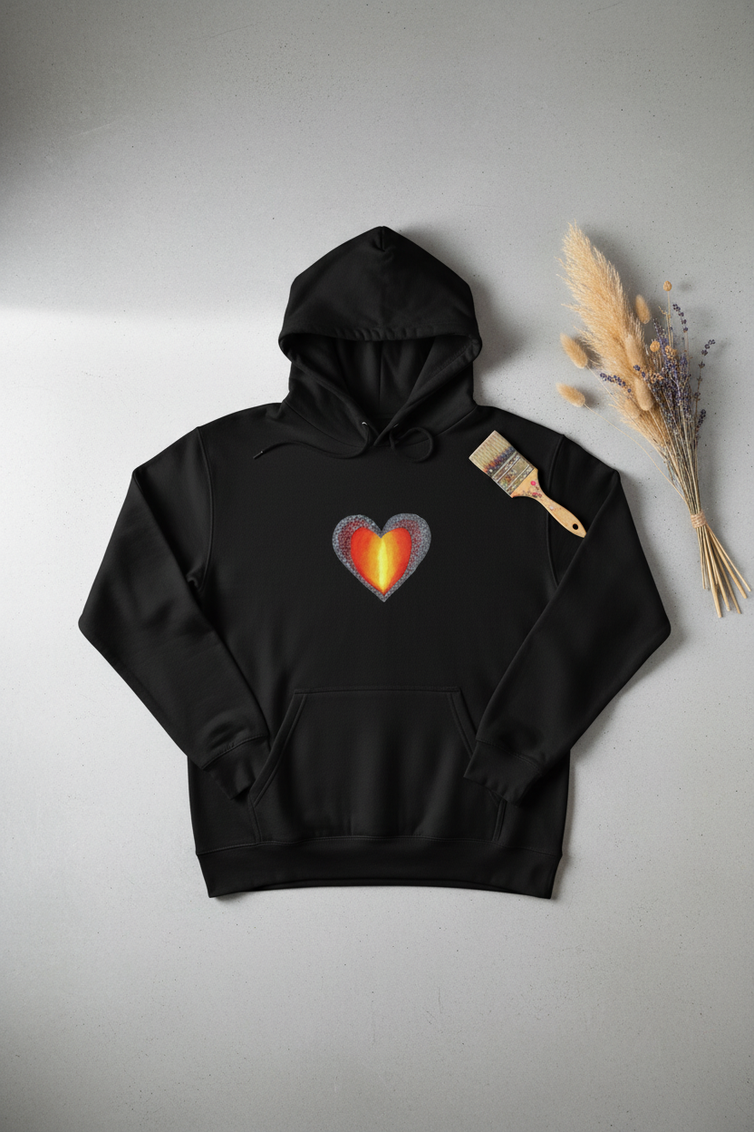 Herzgeflecht Hoodie Flat-Lay auf hellem Hintergrund – handgemaltes Acrylbild-Design von Flawed Acrylic